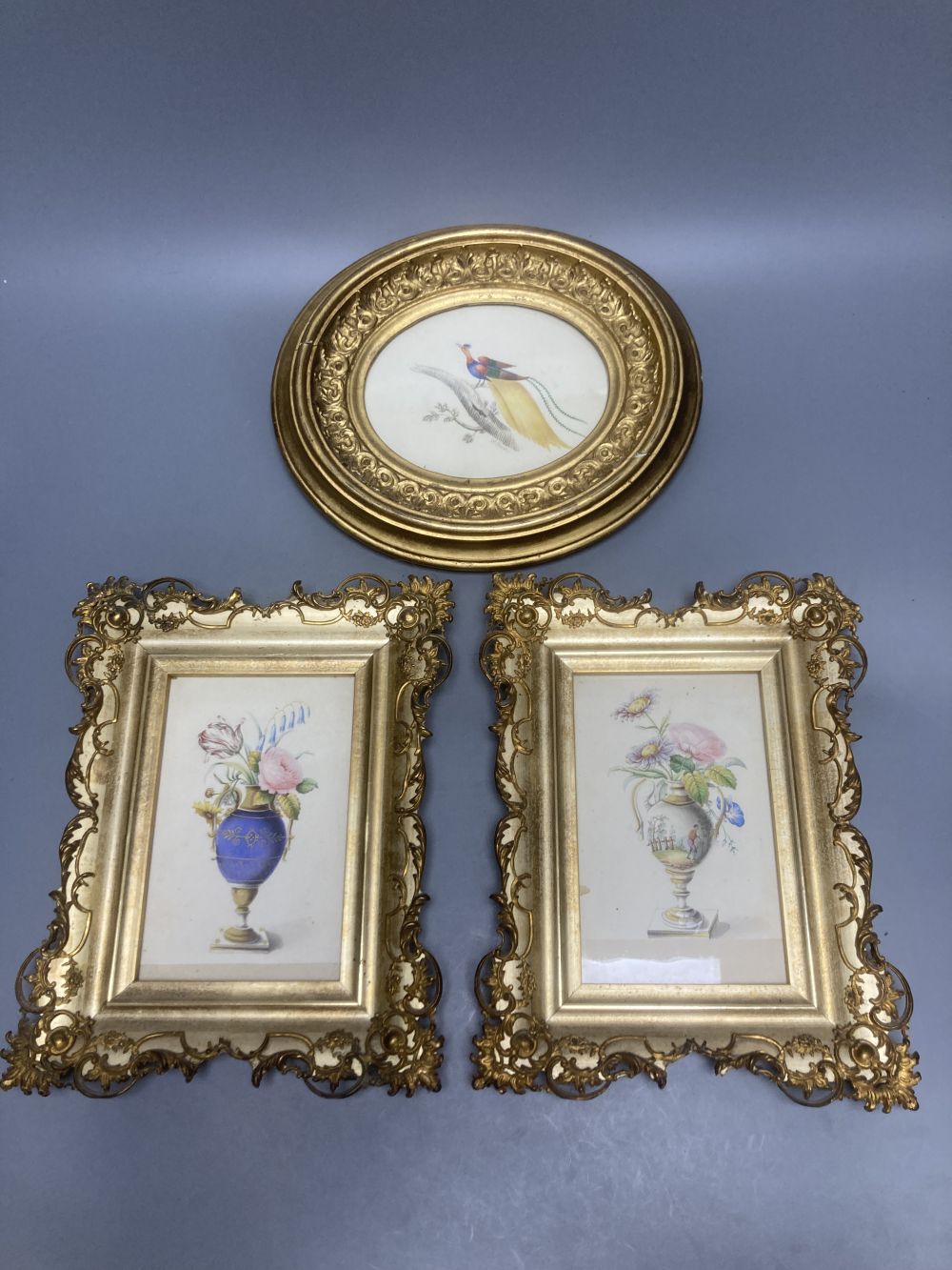 A pair of late Victorian watercolours of flower filled vases and another of a pheasant, framed, largest 14 x 9cm (3)